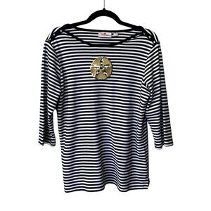 Quacker Factory Womens Top Sz M 3/4 Sleeve Embellished‎ Black Stripe Sand Dollar